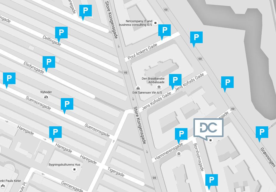 Kort med parkeringsmuligheder ved Hammerensgade, København